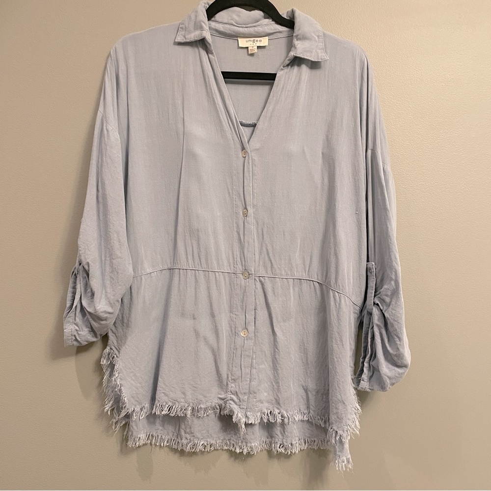 Umgee Fringe Roll Sleeve Oversized Button Down Country Western Size Small Top
